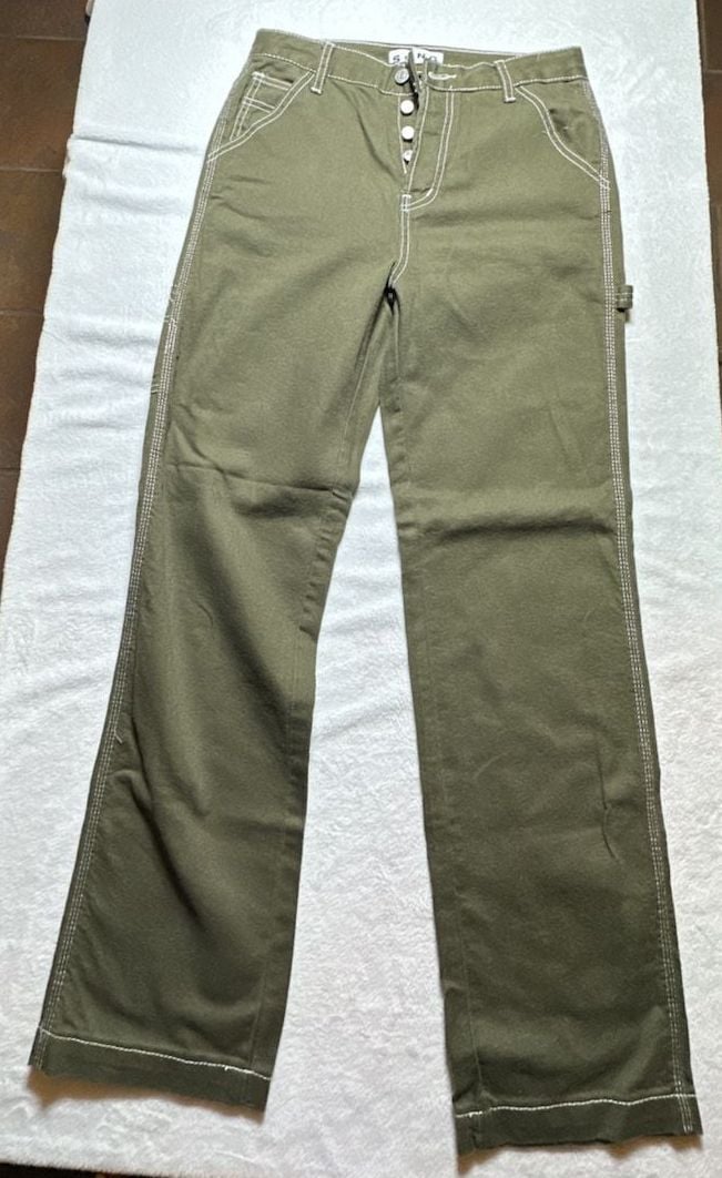 S.O.N.G. Women's Olive Green High-Rise Carpenter Pants with Contrast Stitching 2