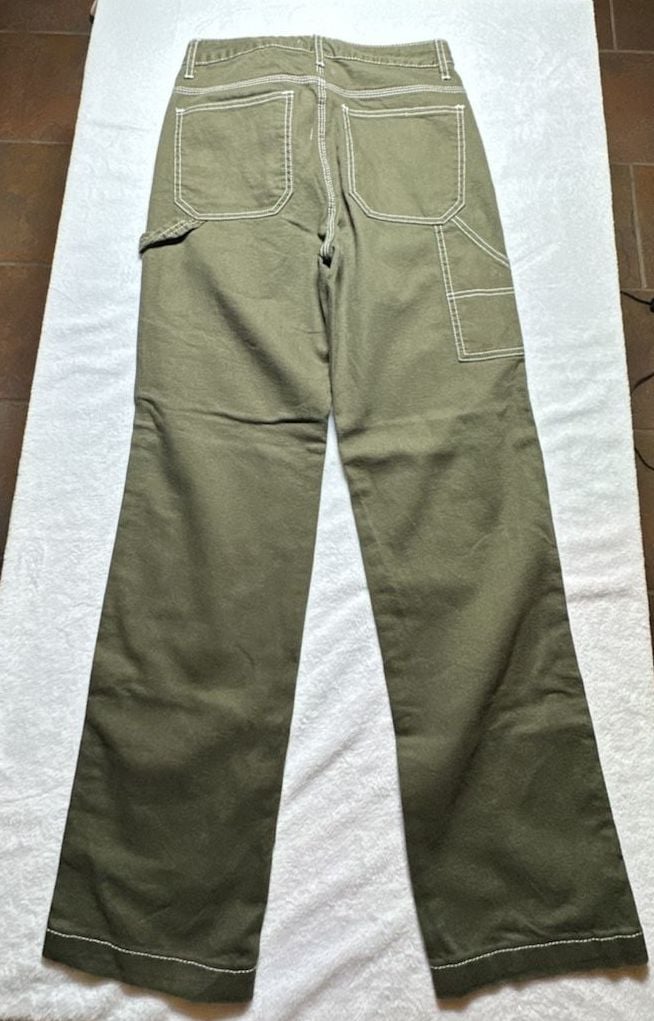S.O.N.G. Women's Olive Green High-Rise Carpenter Pants with Contrast Stitching 4