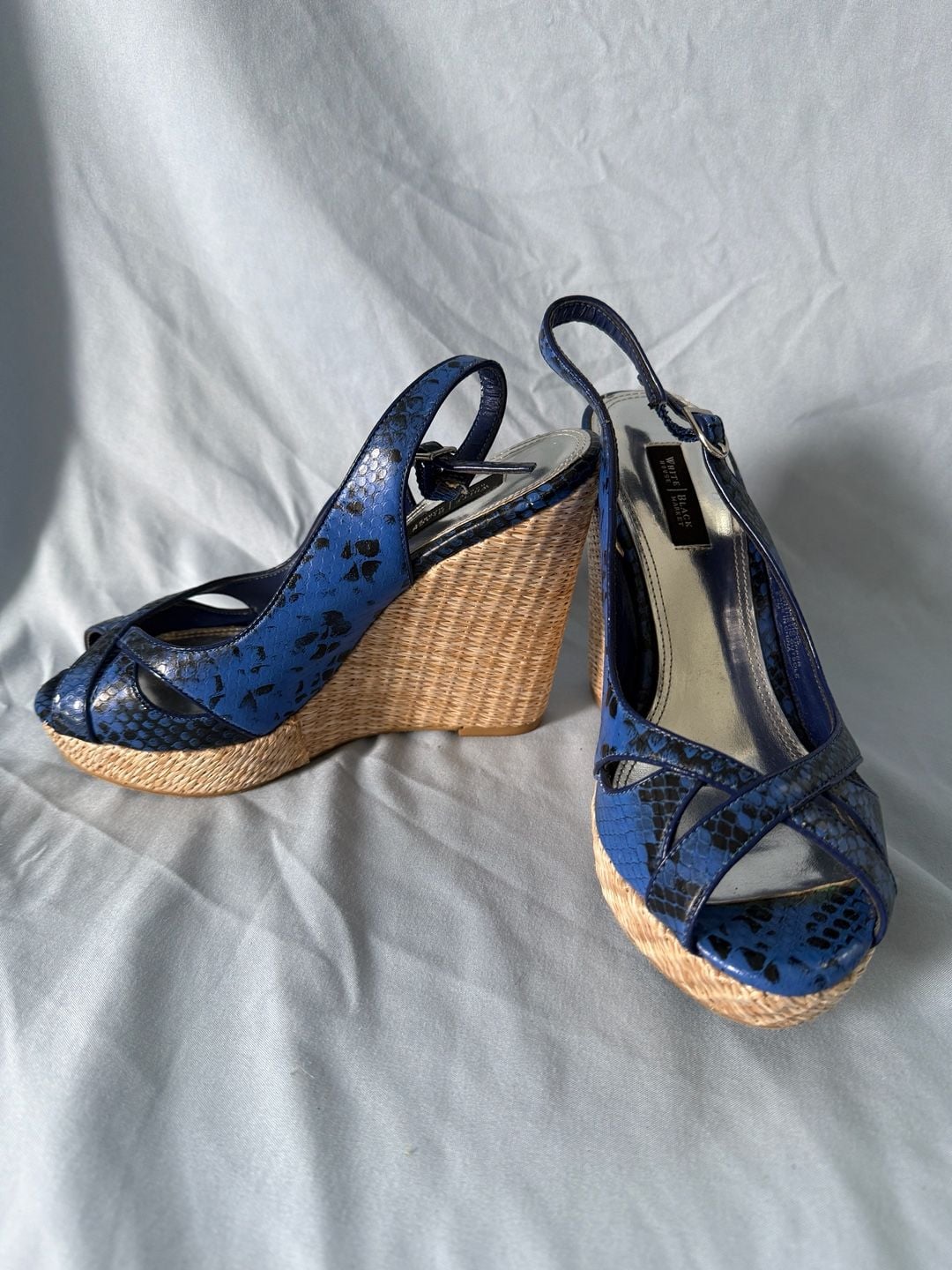 White House Black Market Sophie Blue Faux Snake Print Peep Toe Wedge Sandals 2