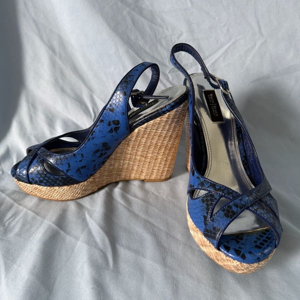 White House Black Market Sophie Blue Faux Snake Print Peep Toe Wedge Sandals