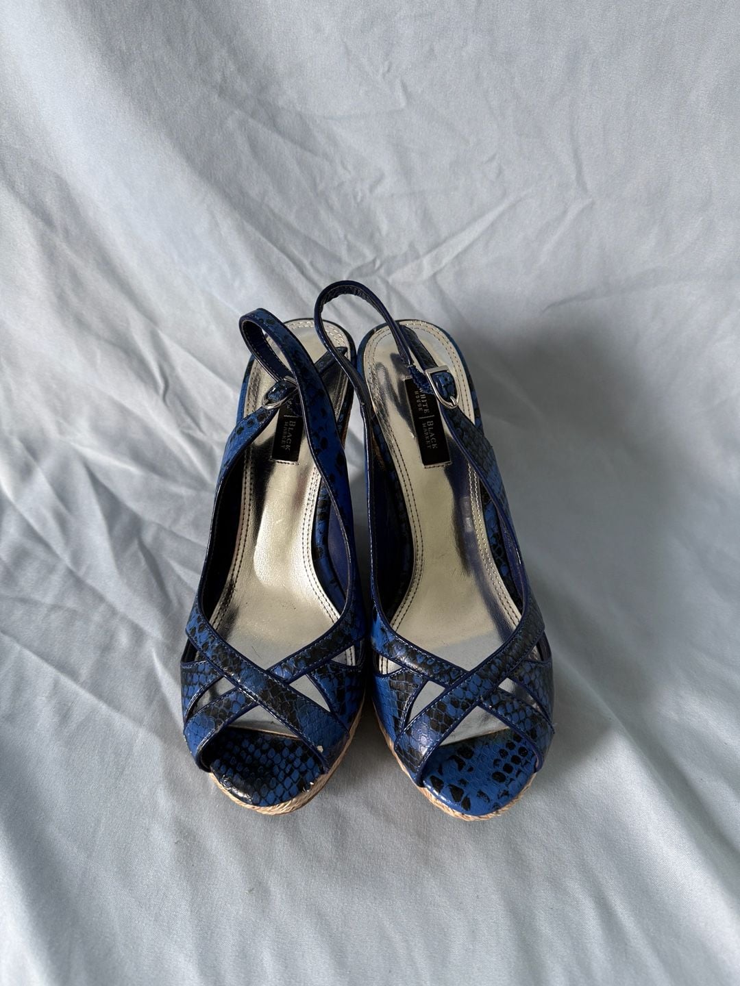 White House Black Market Sophie Blue Faux Snake Print Peep Toe Wedge Sandals 3