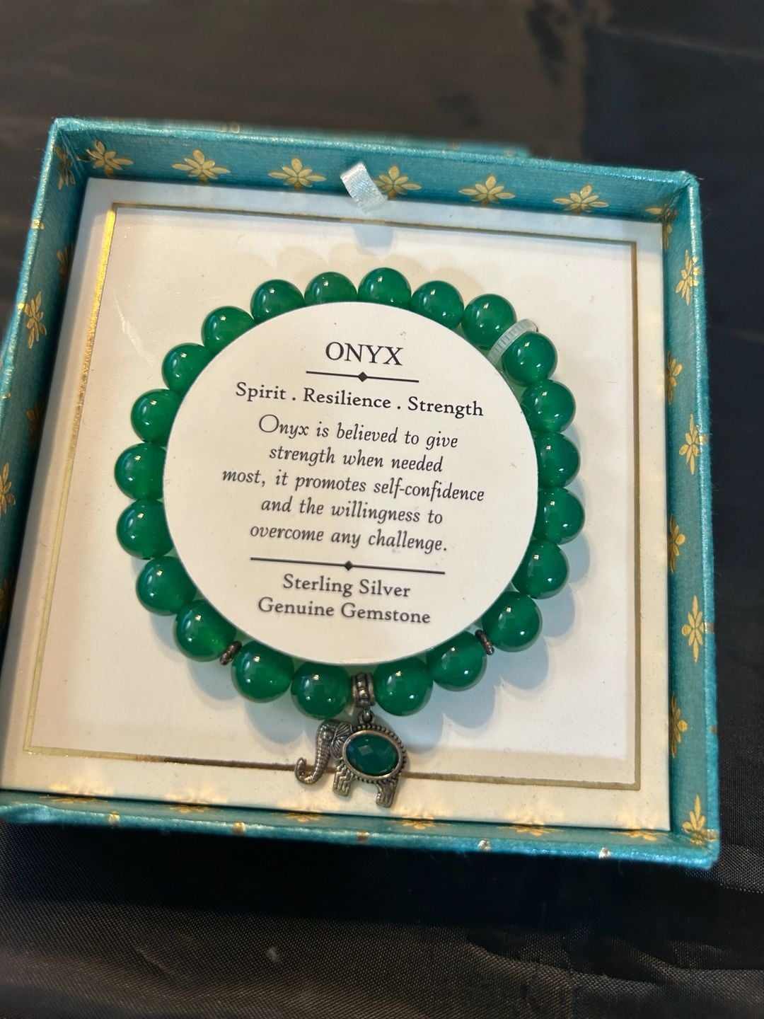 Shivam Green Onyx Bead Stretch Bracelet with Elephant Charm and Sterling Silver 1