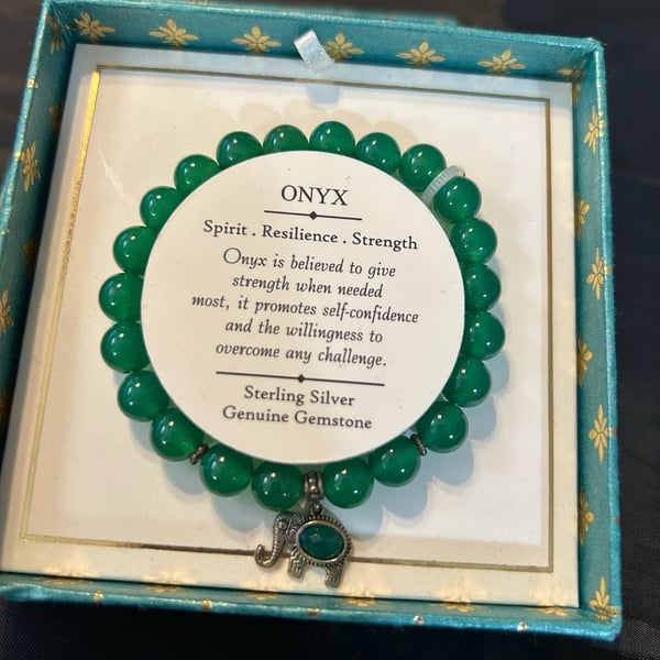 Shivam Green Onyx Bead Stretch Bracelet with Elephant Charm and Sterling Silver