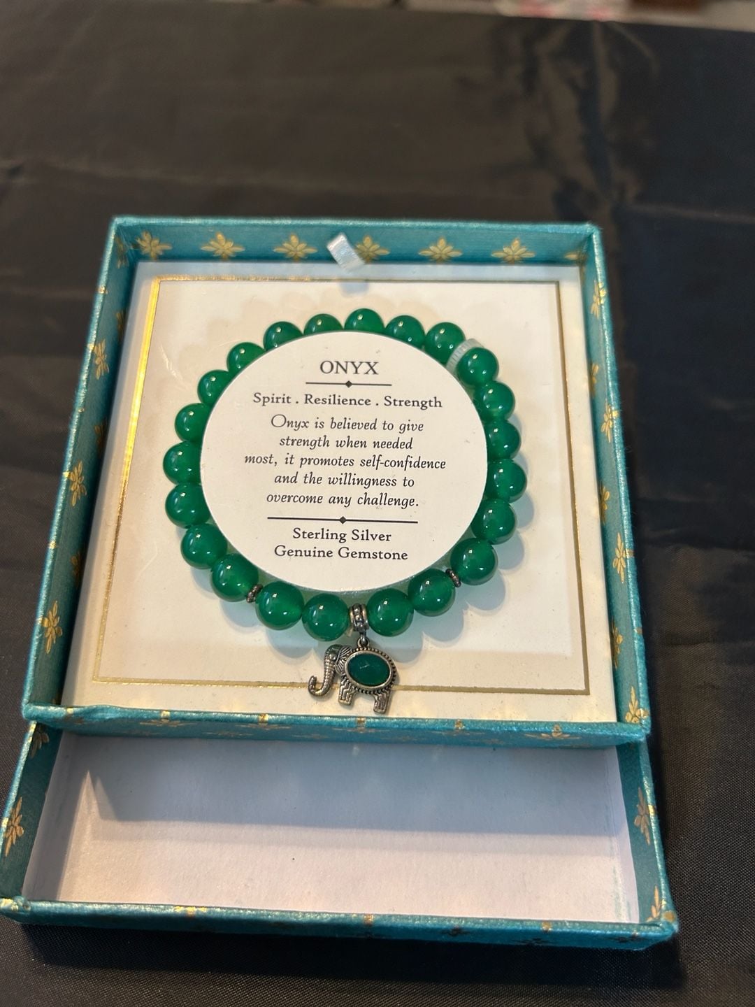 Shivam Green Onyx Bead Stretch Bracelet with Elephant Charm and Sterling Silver 3