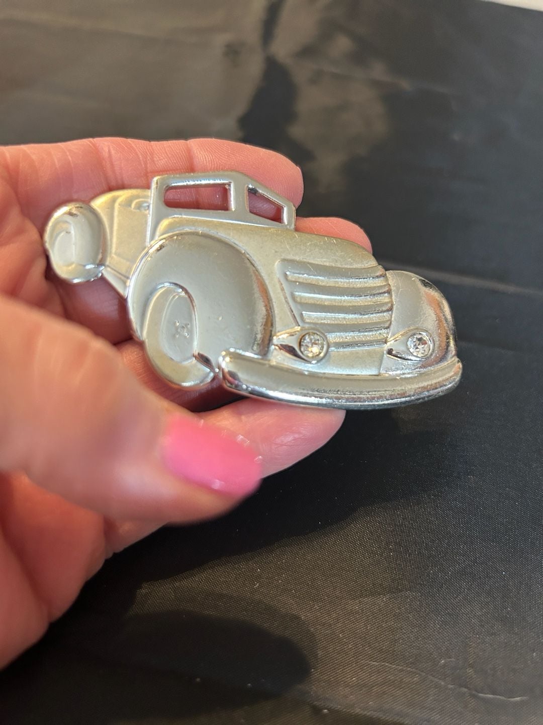 Vintage Silver Tone Classic Convertible Car Brooch with Rhinestone Headlights 7