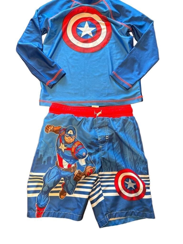 Marvel Avengers Captain America 2-Piece Rash Guard and Swim Trunks Set Sz 6/8 1