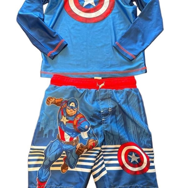 Marvel Avengers Captain America 2-Piece Rash Guard and Swim Trunks Set Sz 6/8
