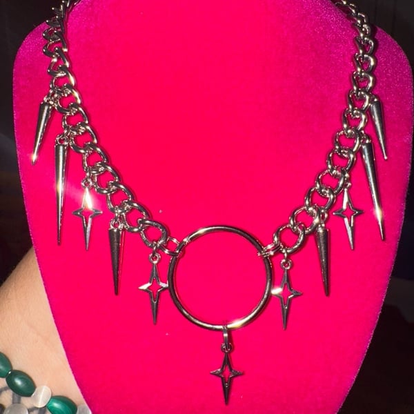 Punk Style Silver-Tone Spike and Star O-Ring Chain Necklace