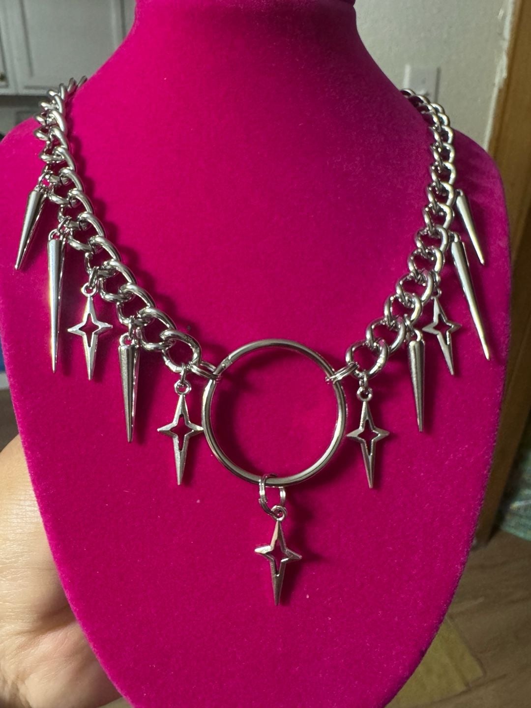 Punk Style Silver-Tone Spike and Star O-Ring Chain Necklace 3