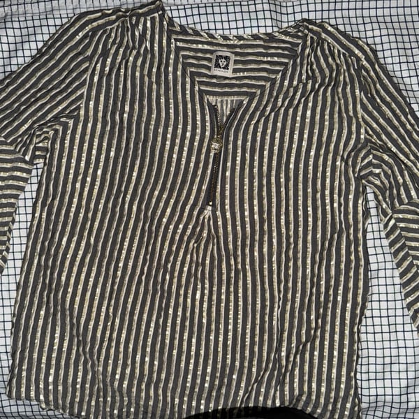 Anne Klein Women's Metallic Striped Zip-Front Bell Sleeve Blouse