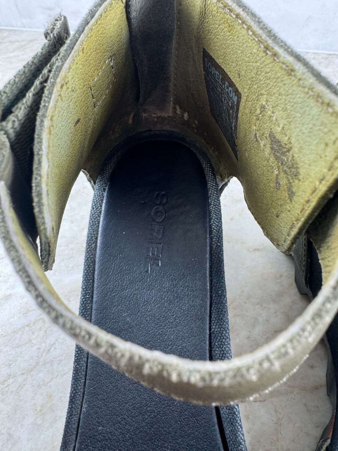 Sorel Cameron Flatform Wedge Sandals Green Canvas Leather Ankle Strap Size 8 13