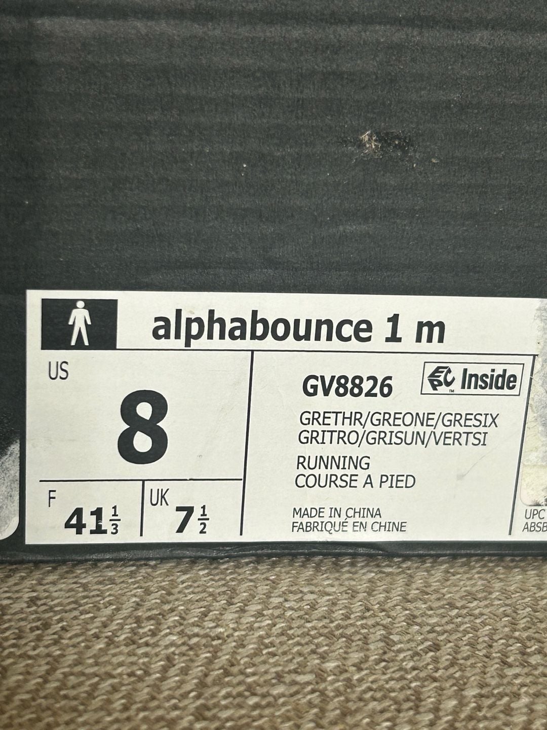 Adidas Alphabounce 1 M Grey White Running Shoes GV8826 Men's Size 7.5 8