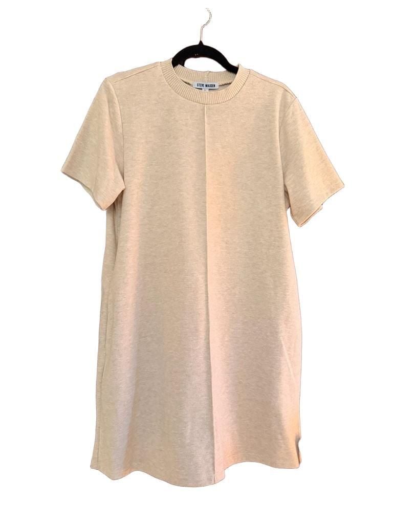 Steve Madden Women's Short Sleeve Ribbed Crew Neck Sweater Dress in Beige 3