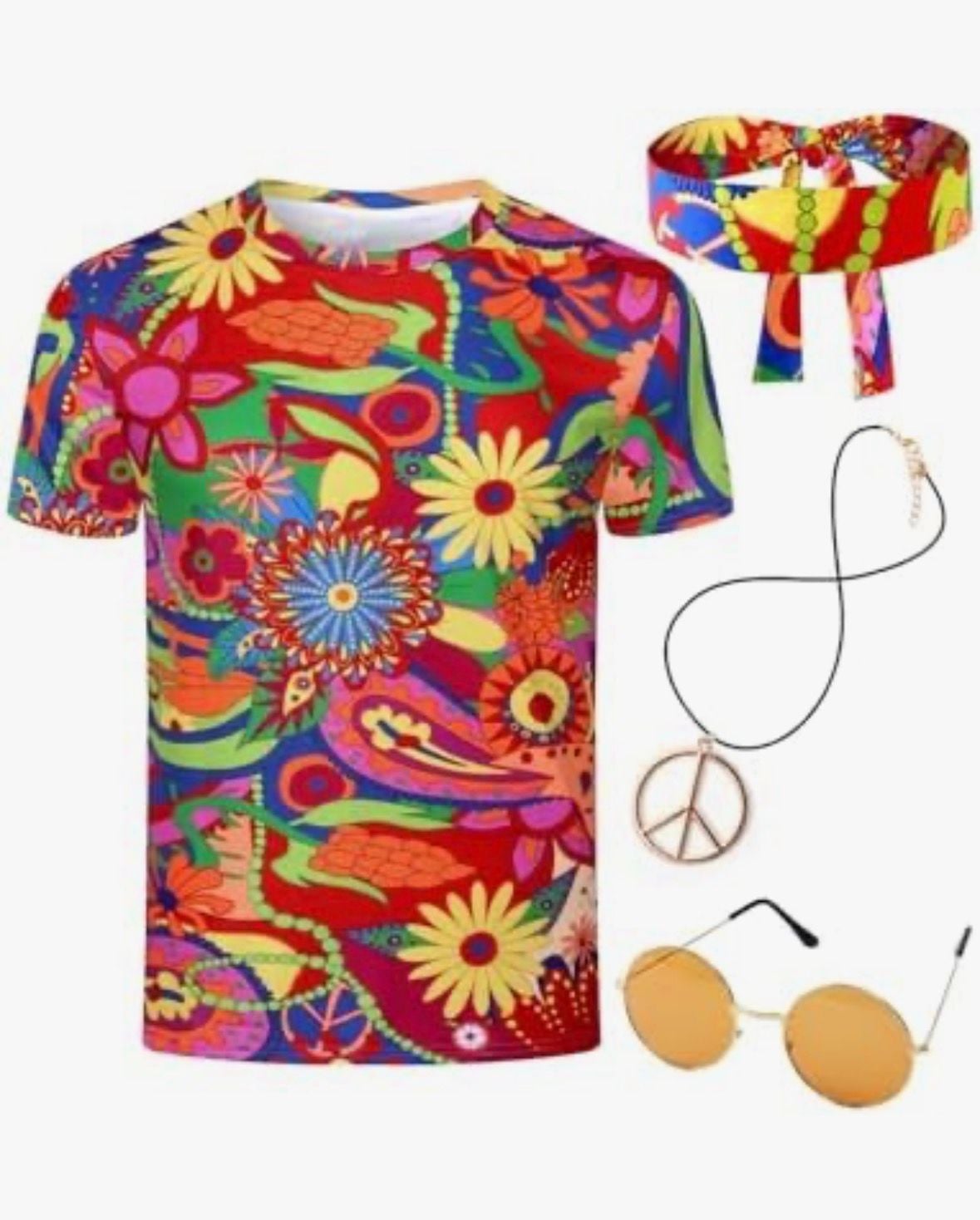 Funny World 4 PCS Hippie Costume for Men 70s Outfits Disco Costume Floral Shirt Short Sleeve With Headband Glasses Necklace 1