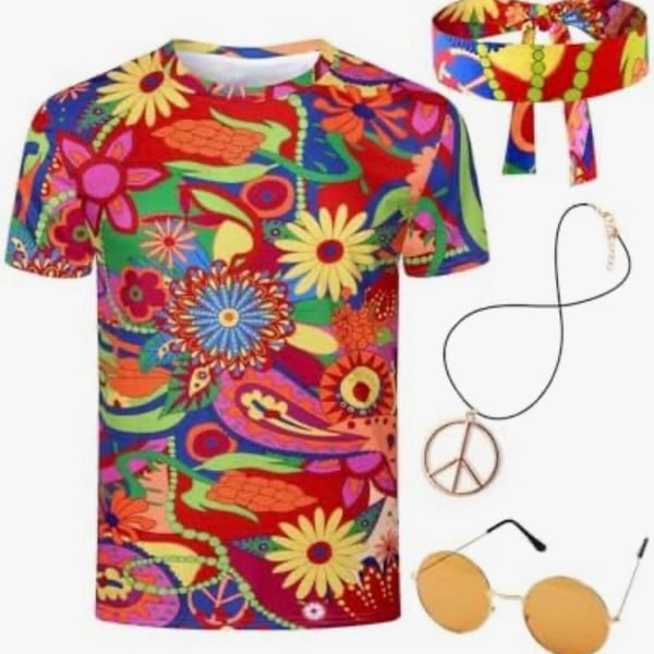 Funny World 4 PCS Hippie Costume for Men 70s Outfits Disco Costume Floral Shirt Short Sleeve With Headband Glasses Necklace