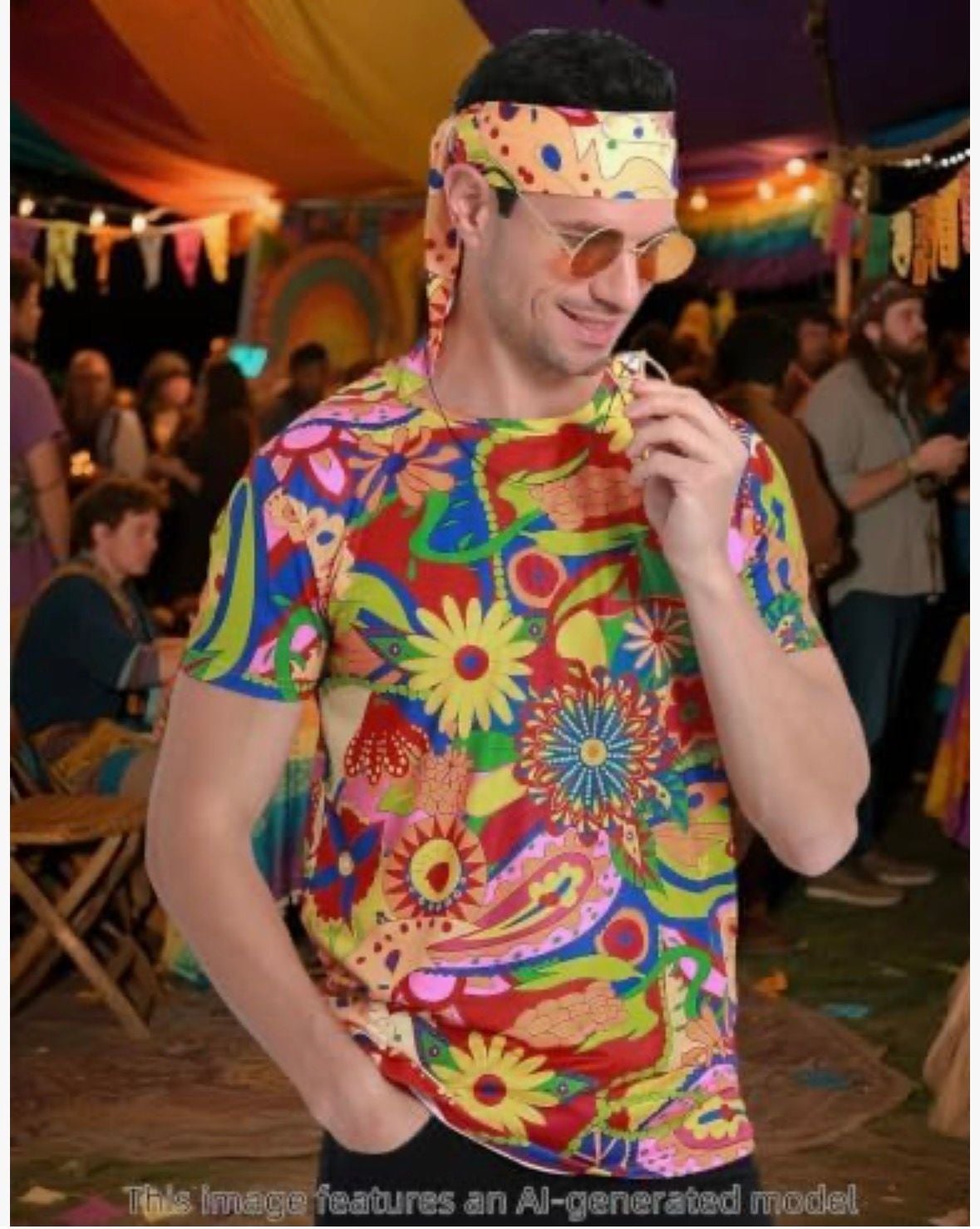 Funny World 4 PCS Hippie Costume for Men 70s Outfits Disco Costume Floral Shirt Short Sleeve With Headband Glasses Necklace 3