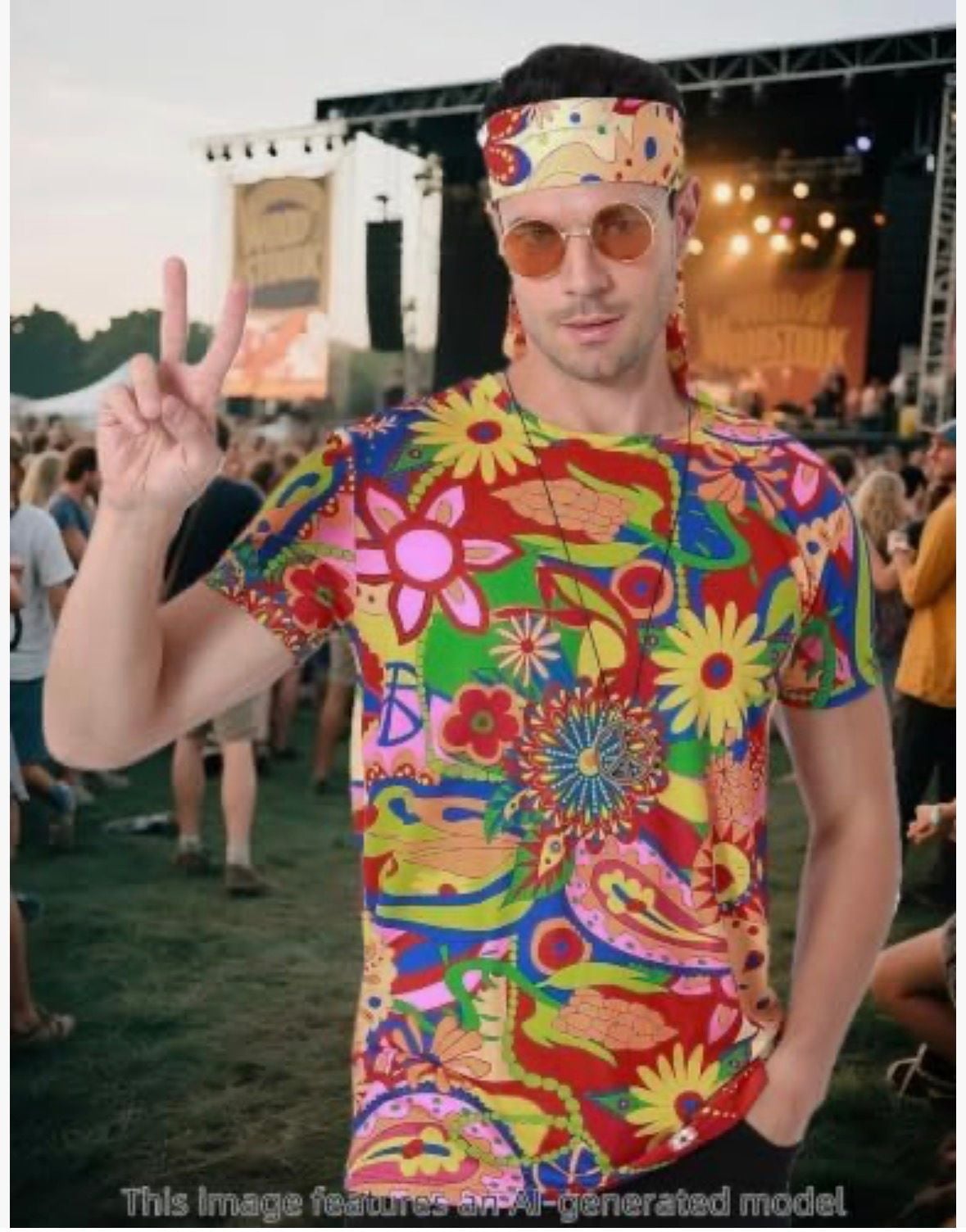 Funny World 4 PCS Hippie Costume for Men 70s Outfits Disco Costume Floral Shirt Short Sleeve With Headband Glasses Necklace 4