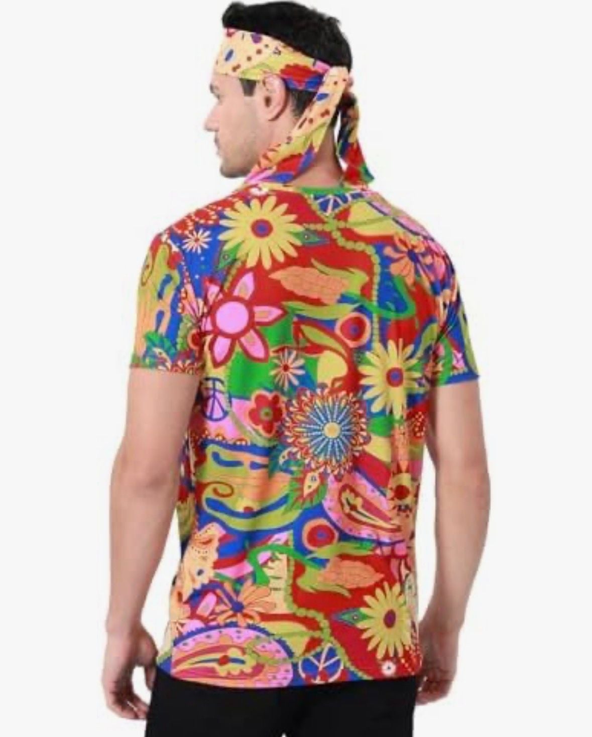 Funny World 4 PCS Hippie Costume for Men 70s Outfits Disco Costume Floral Shirt Short Sleeve With Headband Glasses Necklace 5