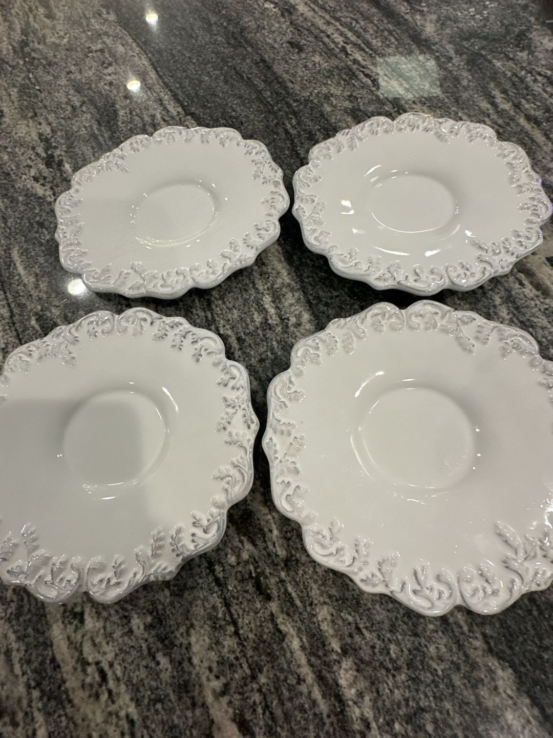 Côté Table White Embossed Floral Scalloped Saucer Plates, Set of 4 2