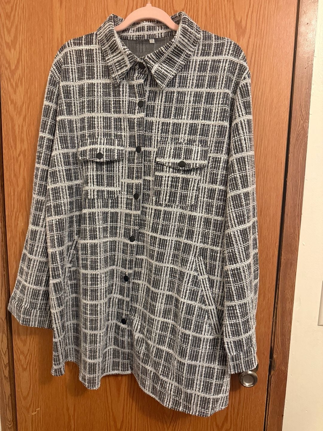 Black and White Tweed Plaid Button-Down Shacket 2