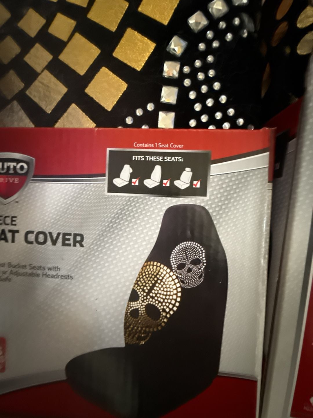 (Set of 2) Auto Drive 1-Piece Rhinestone Skull Bucket Seat Cover 3