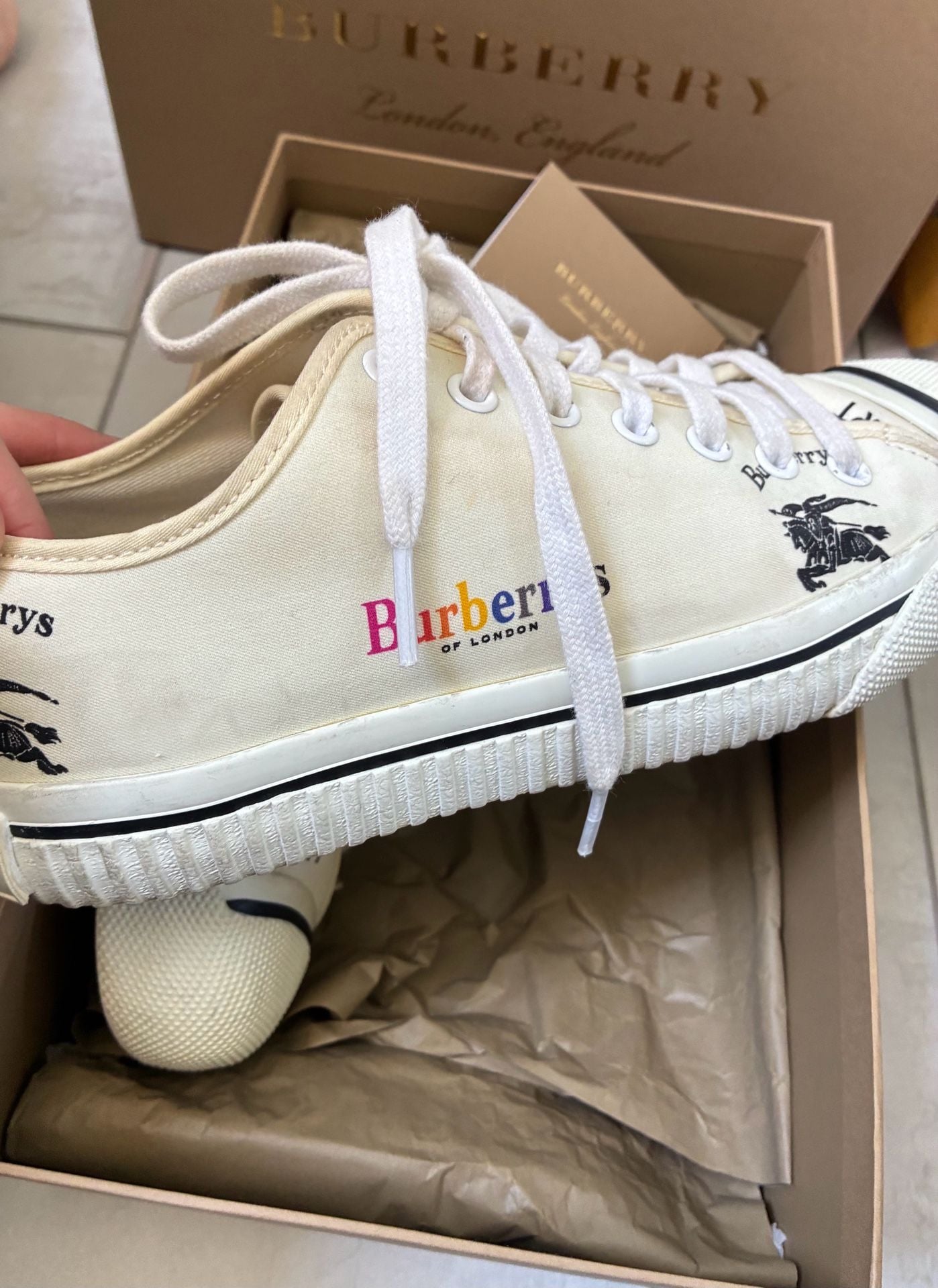 Burberry Kingly Off-White Canvas Low-Top Sneakers with Rainbow Logo 4