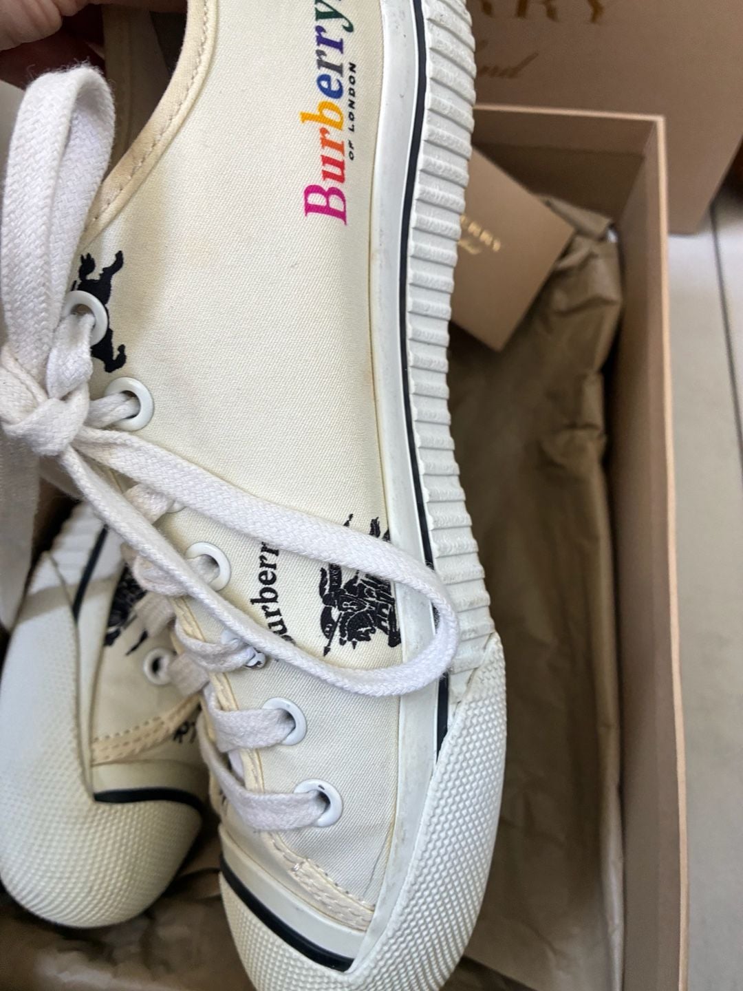 Burberry Kingly Off-White Canvas Low-Top Sneakers with Rainbow Logo 6