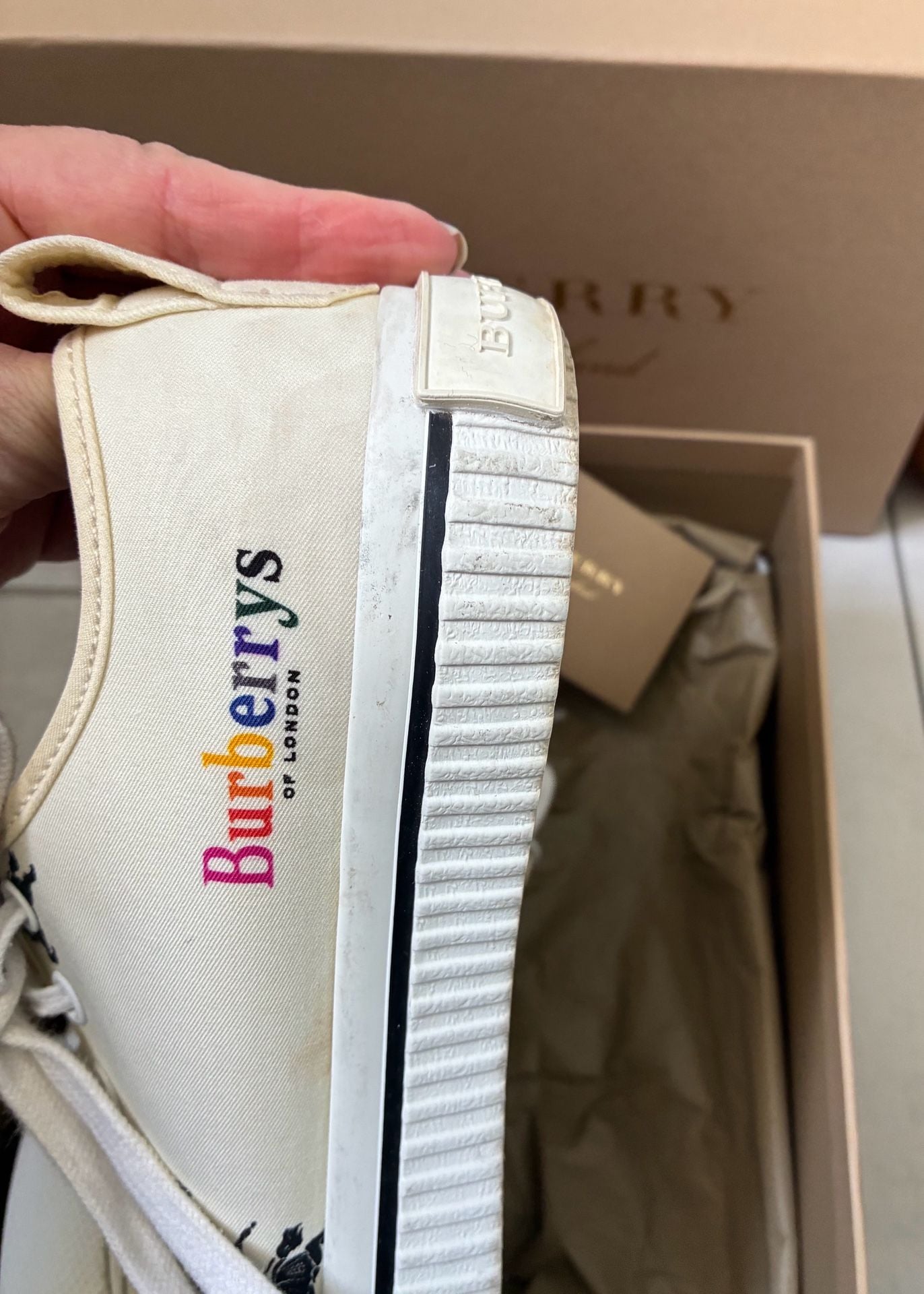 Burberry Kingly Off-White Canvas Low-Top Sneakers with Rainbow Logo 7