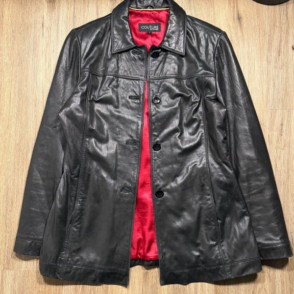 Couture J. Park black leather jacket w/ red lining