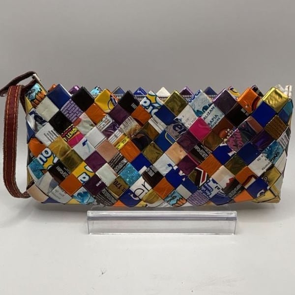 Nahui Ollin Upcycled Candy Wrapper Woven Wristlet Clutch