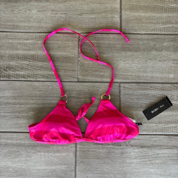 BCBG Paris Fuchsia Striped Triangle Halter Bikini Top