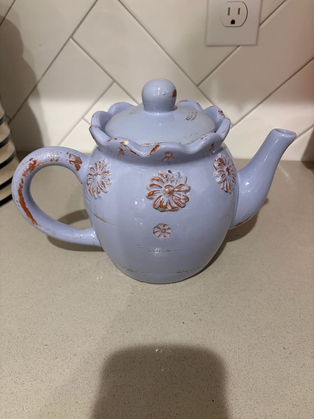 Countryside Ceramic Teapot with Floral Embossed Details and Distressed Finish 1