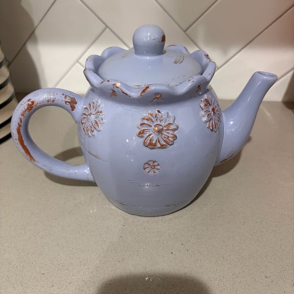 Countryside Ceramic Teapot with Floral Embossed Details and Distressed Finish
