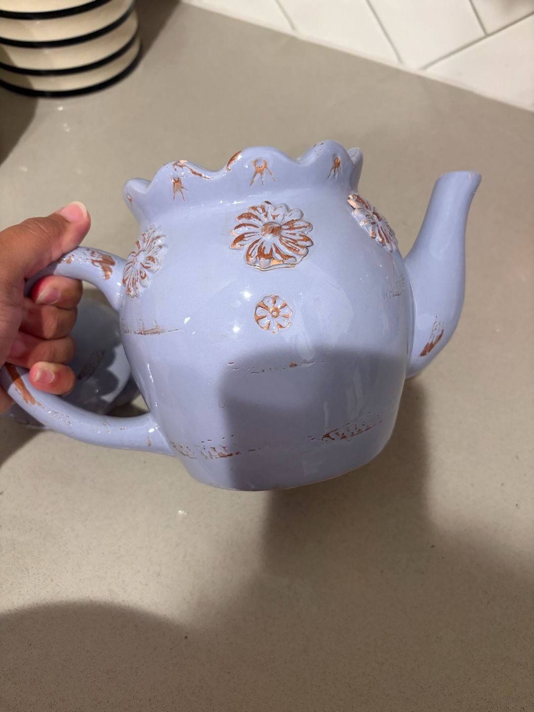 Countryside Ceramic Teapot with Floral Embossed Details and Distressed Finish 2