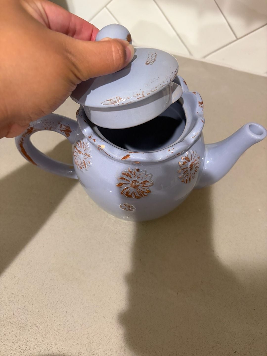 Countryside Ceramic Teapot with Floral Embossed Details and Distressed Finish 3