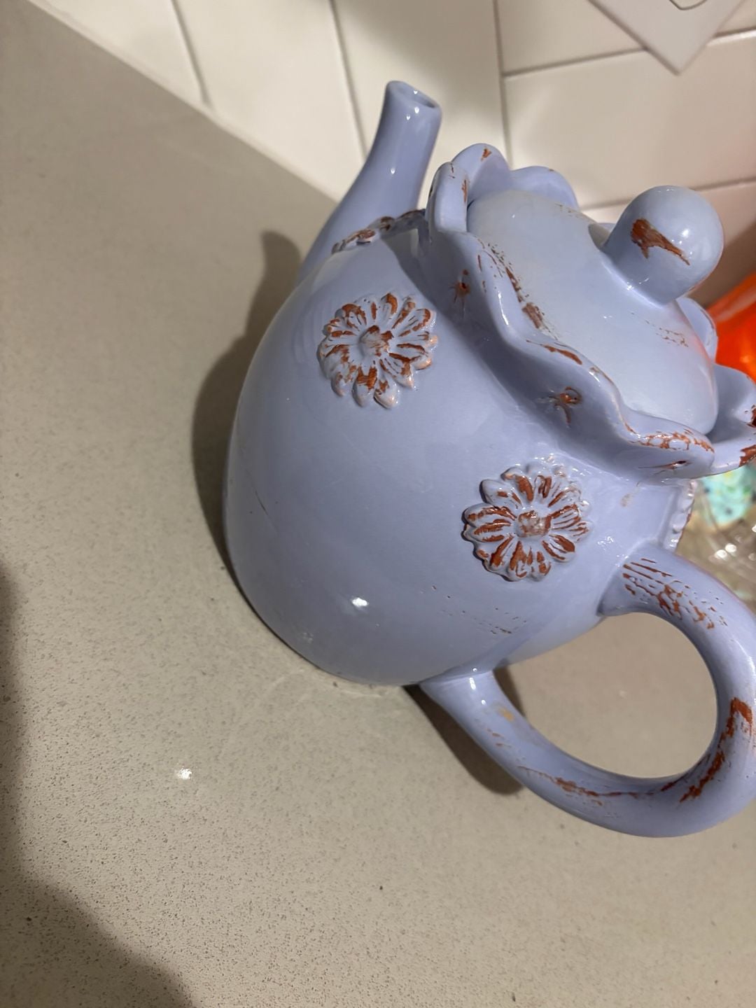 Countryside Ceramic Teapot with Floral Embossed Details and Distressed Finish 4