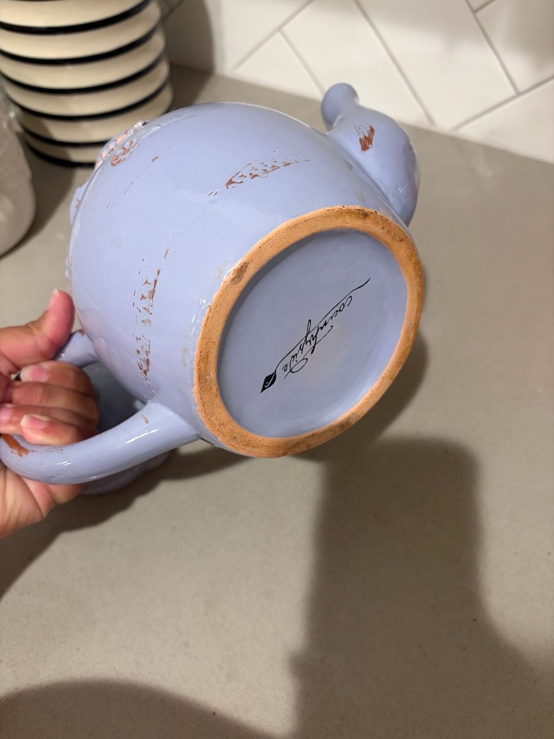 Countryside Ceramic Teapot with Floral Embossed Details and Distressed Finish 5
