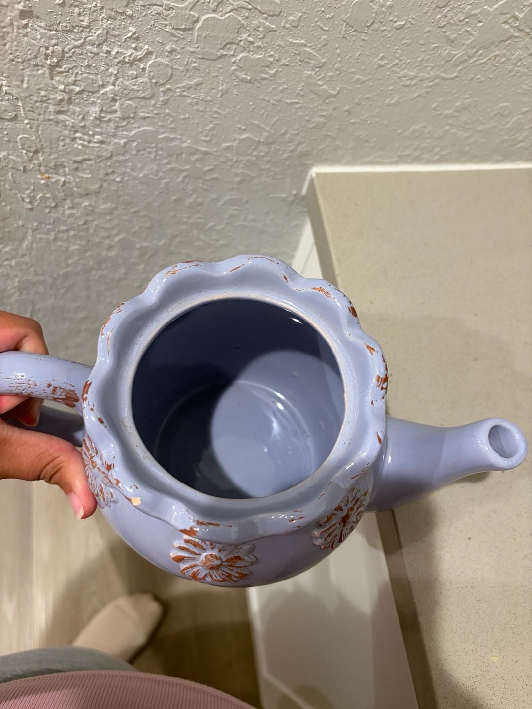 Countryside Ceramic Teapot with Floral Embossed Details and Distressed Finish 6