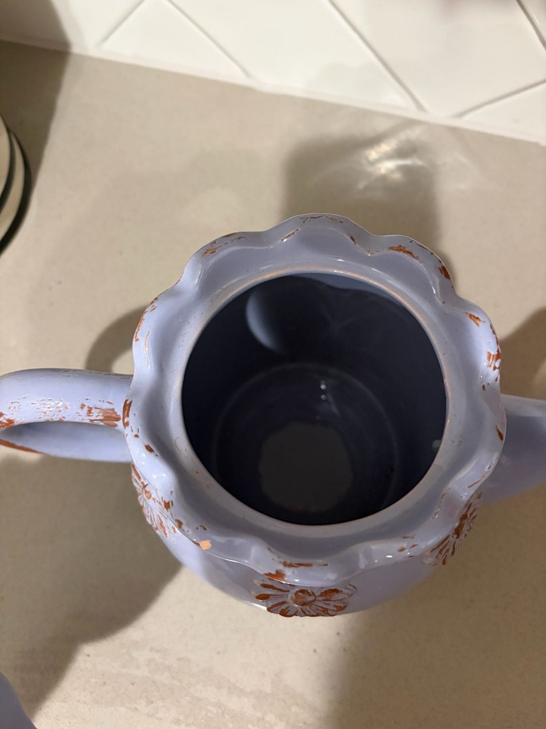 Countryside Ceramic Teapot with Floral Embossed Details and Distressed Finish 7