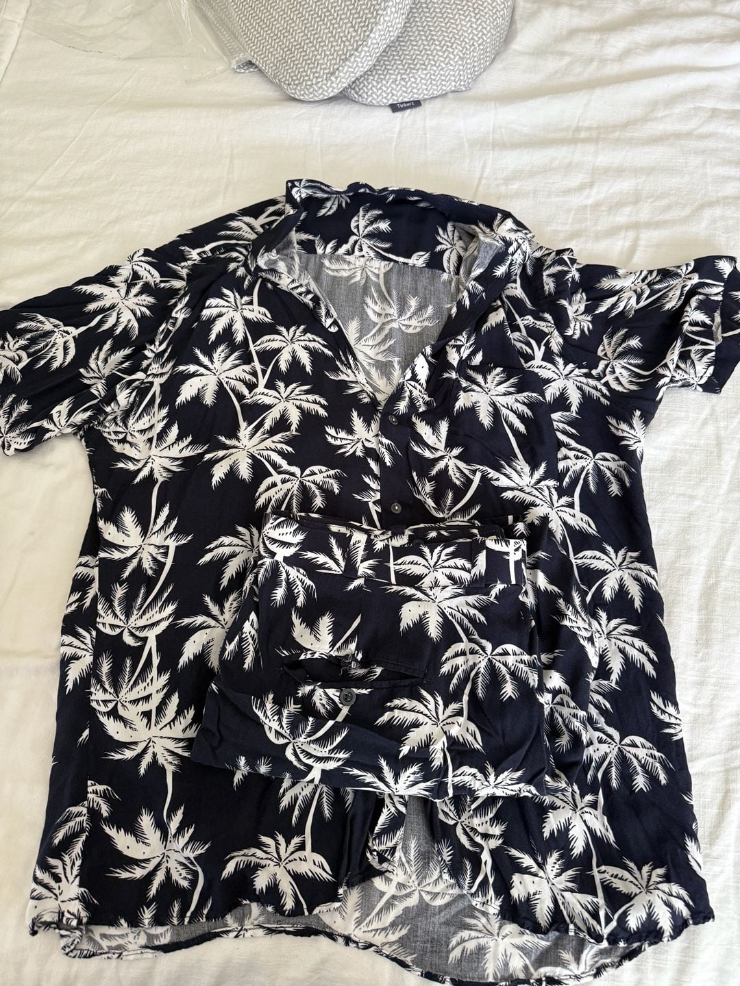 Men's Custom Made Navy and White Palm Tree Print Tropical Hawaiian Two-Piece Shirt and Shorts Set 4