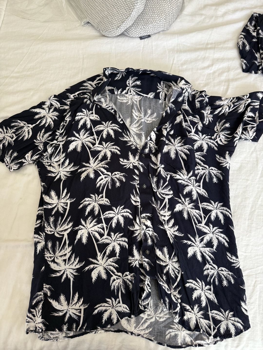 Men's Custom Made Navy and White Palm Tree Print Tropical Hawaiian Two-Piece Shirt and Shorts Set 5