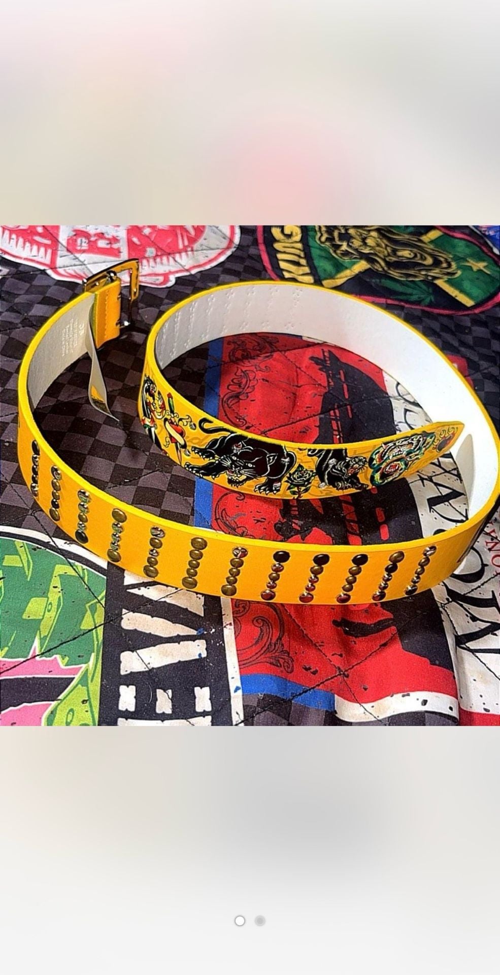 Size 34 Ed Hardy Yellow Panther Graphic Belt with Silver Grommets 1
