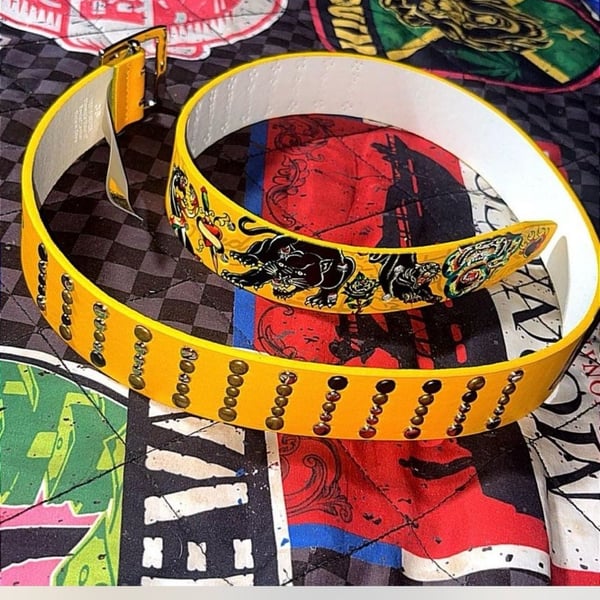 Size 34 Ed Hardy Yellow Panther Graphic Belt with Silver Grommets