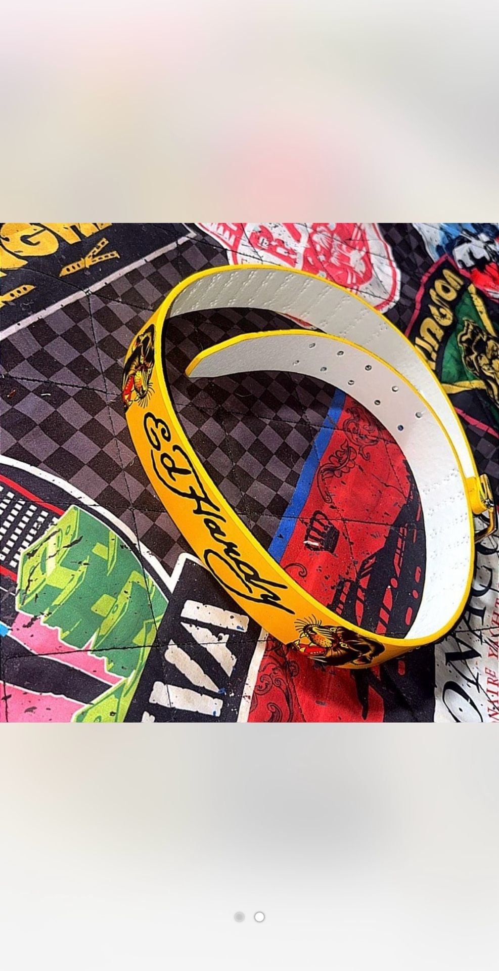 Size 34 Ed Hardy Yellow Panther Graphic Belt with Silver Grommets 2