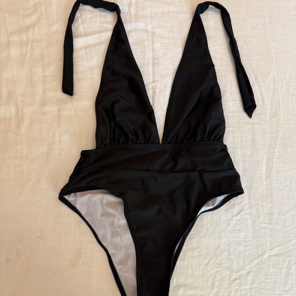 Black Plunging V-Neck Halter One-Piece Swimsuit with Ruched Waist