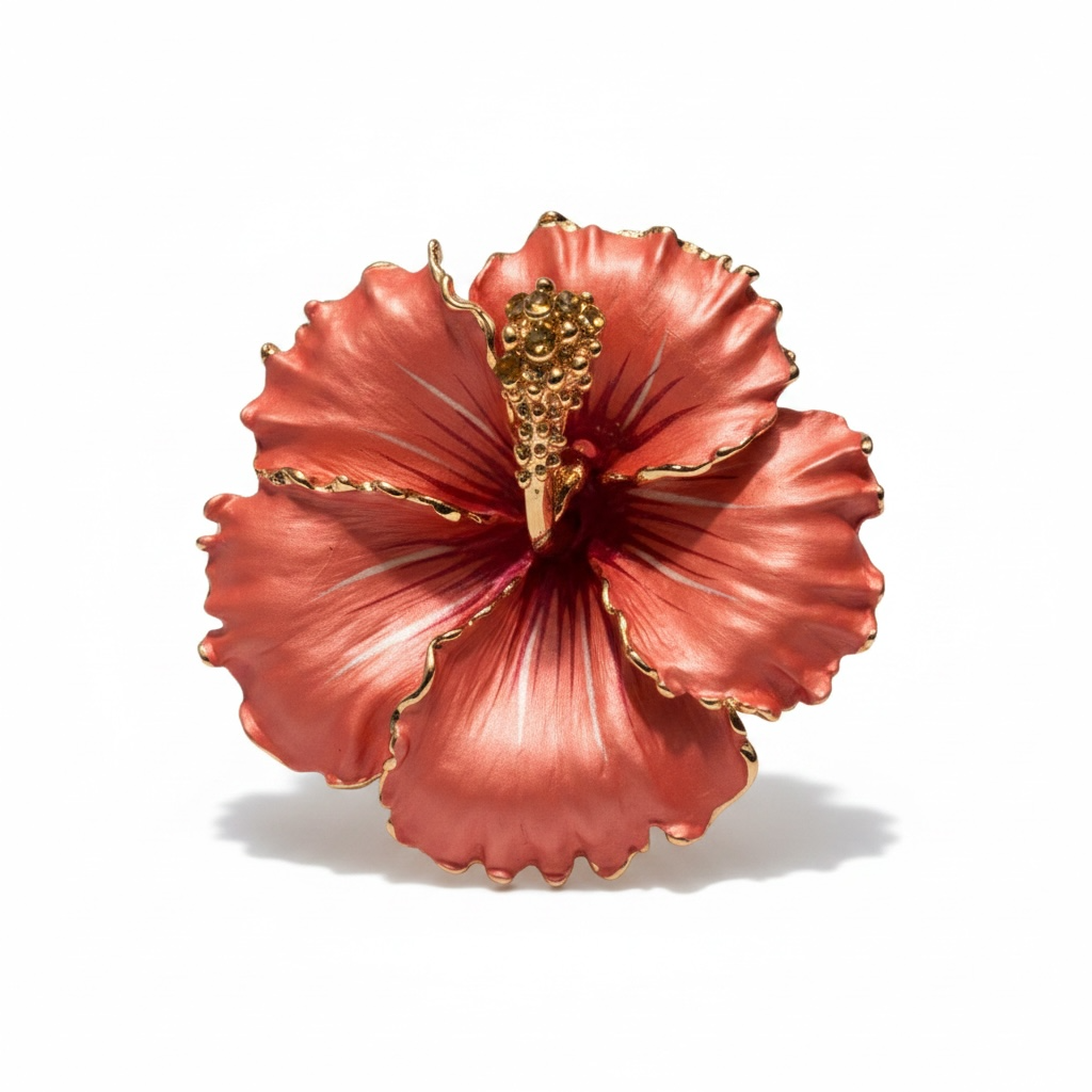 Peach Hawaiian Hibiscus Flower Brooch & Pendant w/Tiny Crystals 2” 2