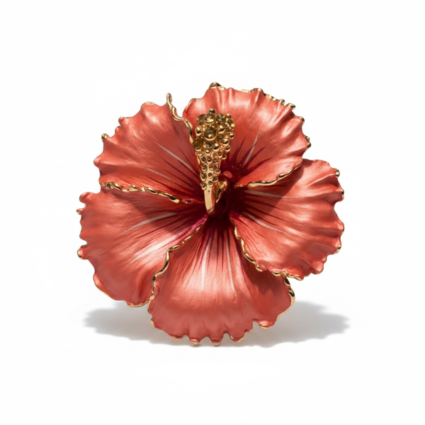 Peach Hawaiian Hibiscus Flower Brooch & Pendant w/Tiny Crystals 2”