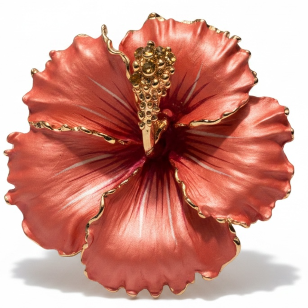 Peach Hawaiian Hibiscus Flower Brooch & Pendant w/Tiny Crystals 2” 4