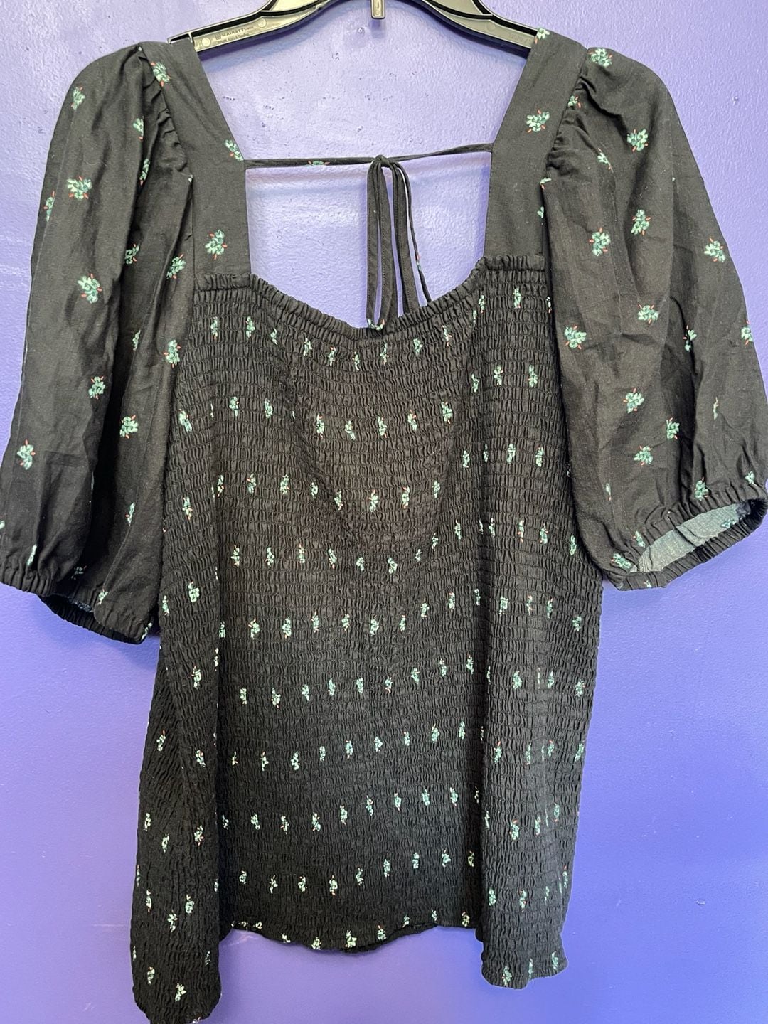 Ava & Viv Women's Black Floral Print Smocked Square Neck Top 4