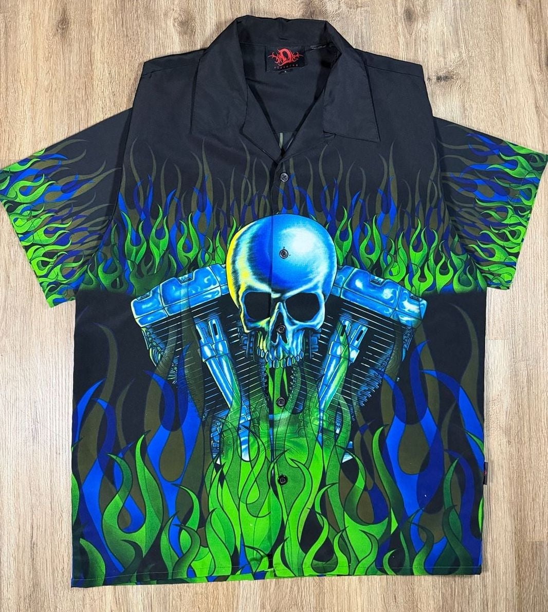 Y2K Skull Engine Green&Blue Flames Button-Up 2